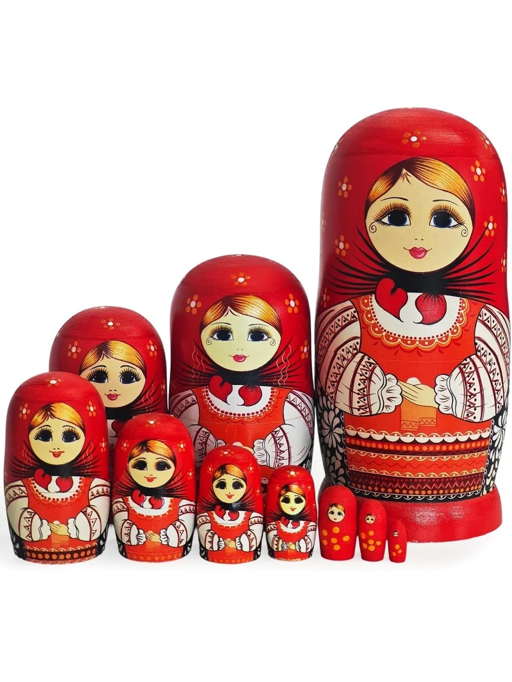Traditional Russian Red Matryoshka Nesting Doll Set - 10 Pieces
